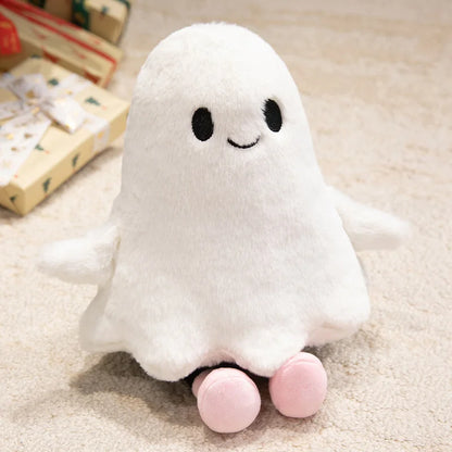 Soft ghost plushie with friendly smile, white short plush fabric, front view