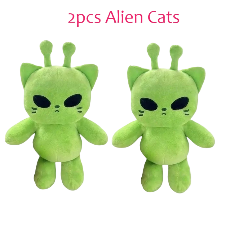 Soft green alien cat plush with large embroidered eyes