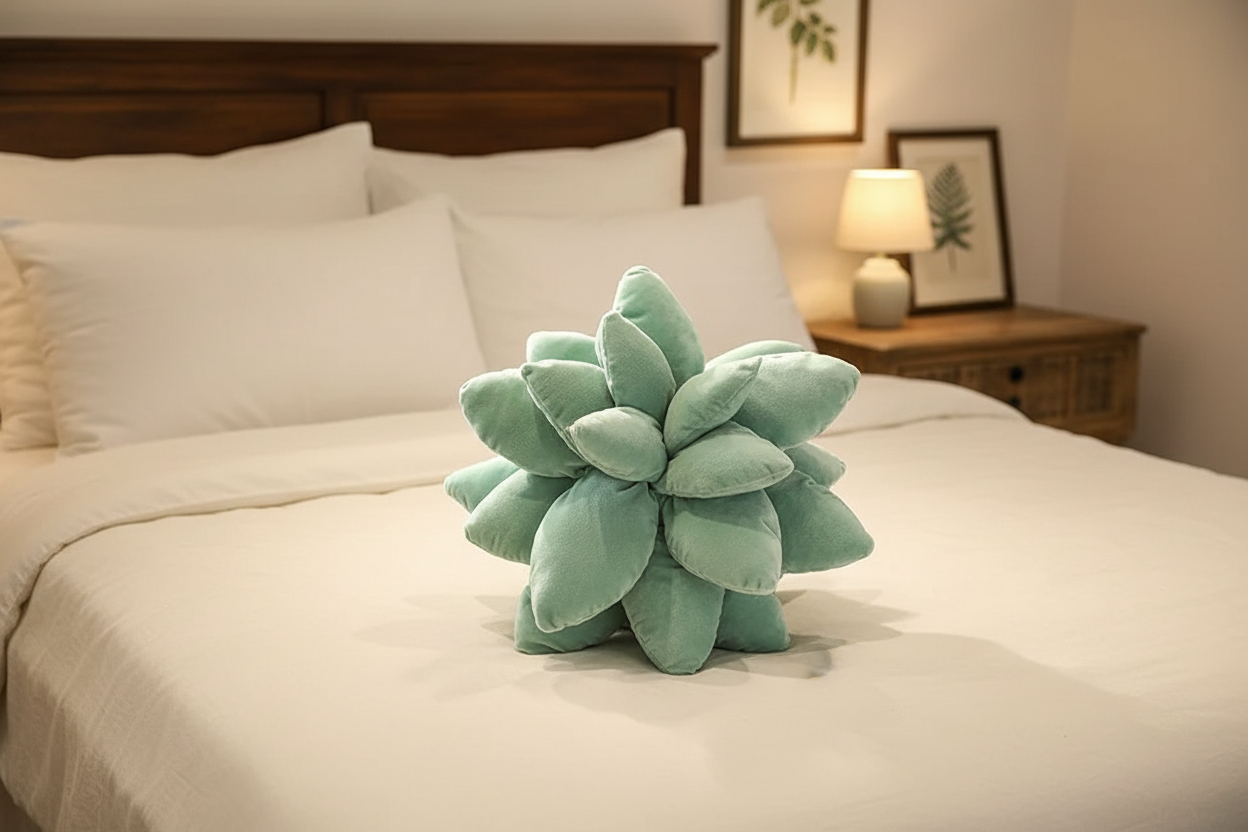 Soft greenery throw pillow for bed or reading nook styling