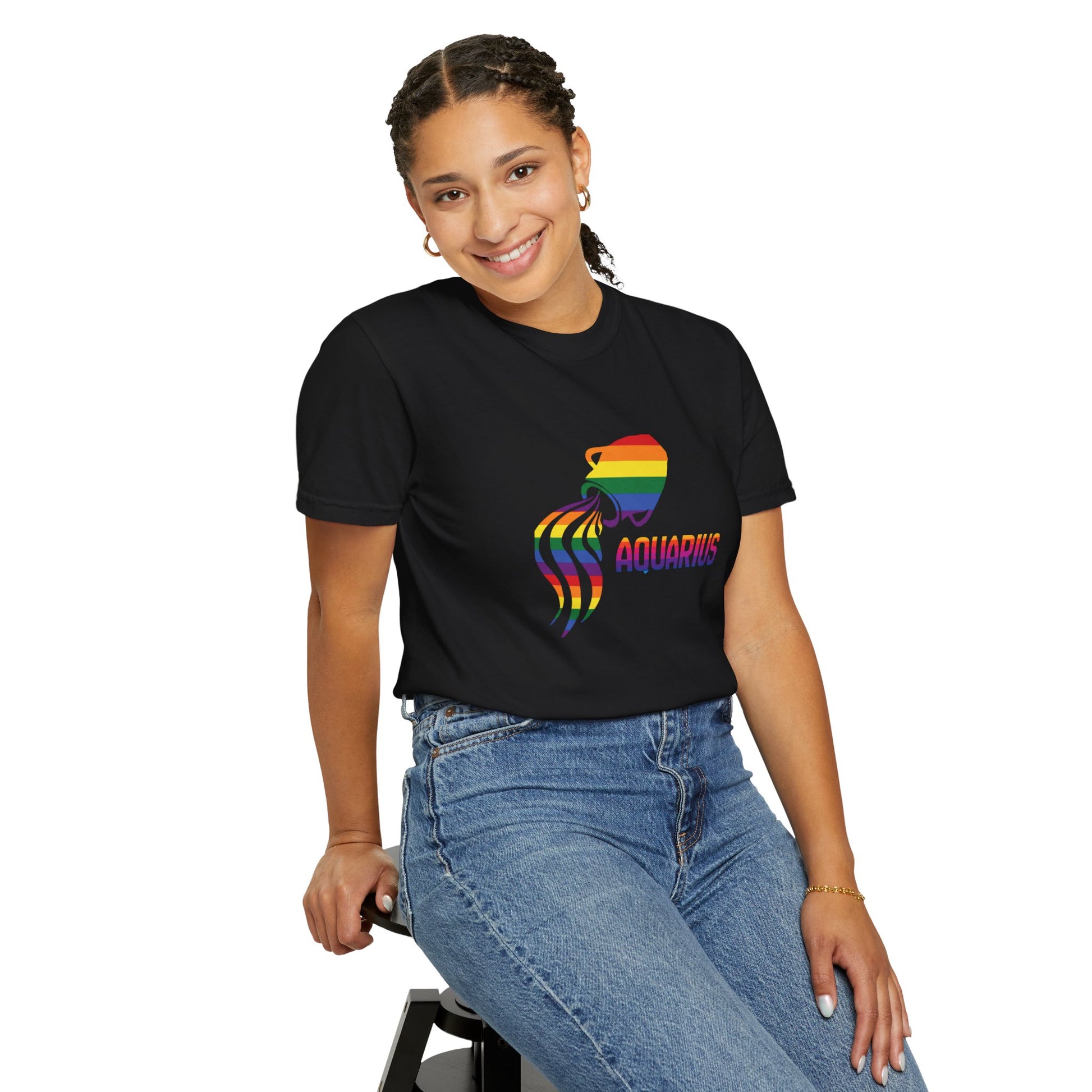 Soft heavyweight Aquarius zodiac tee in vibrant rainbow print