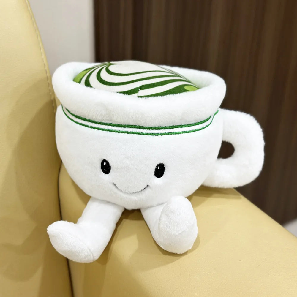 Soft kawaii food plush matcha latte cup close up stitching detail
