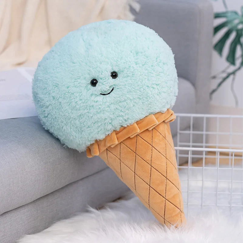 Soft kawaii ice cream pillow in chocolate brown bouclé sitting on a pastel aesthetic bedroom shelf