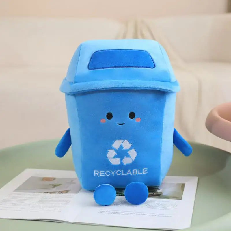 Soft kawaii plush pillow shaped like a blue trash can top view