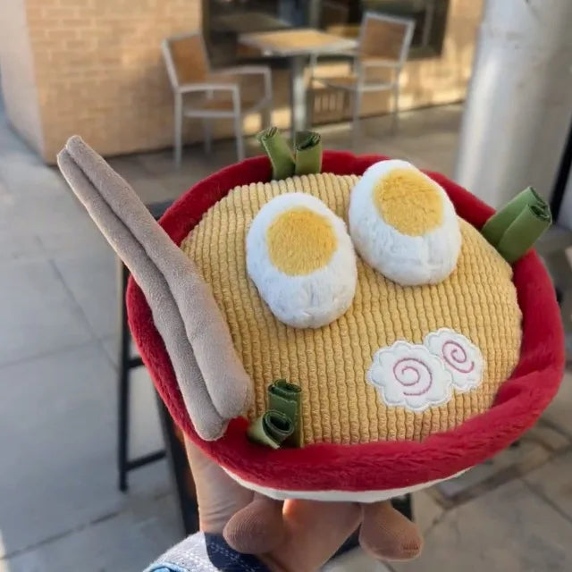 Soft kawaii stuffed animal ramen bowl toy displayed on shelf