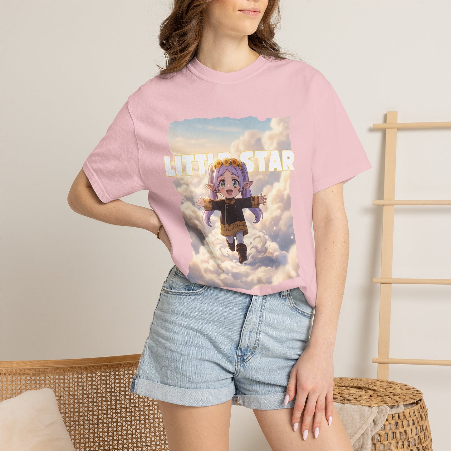 Soft lived-in cotton tee with dreamy cloudscape and flight graphic