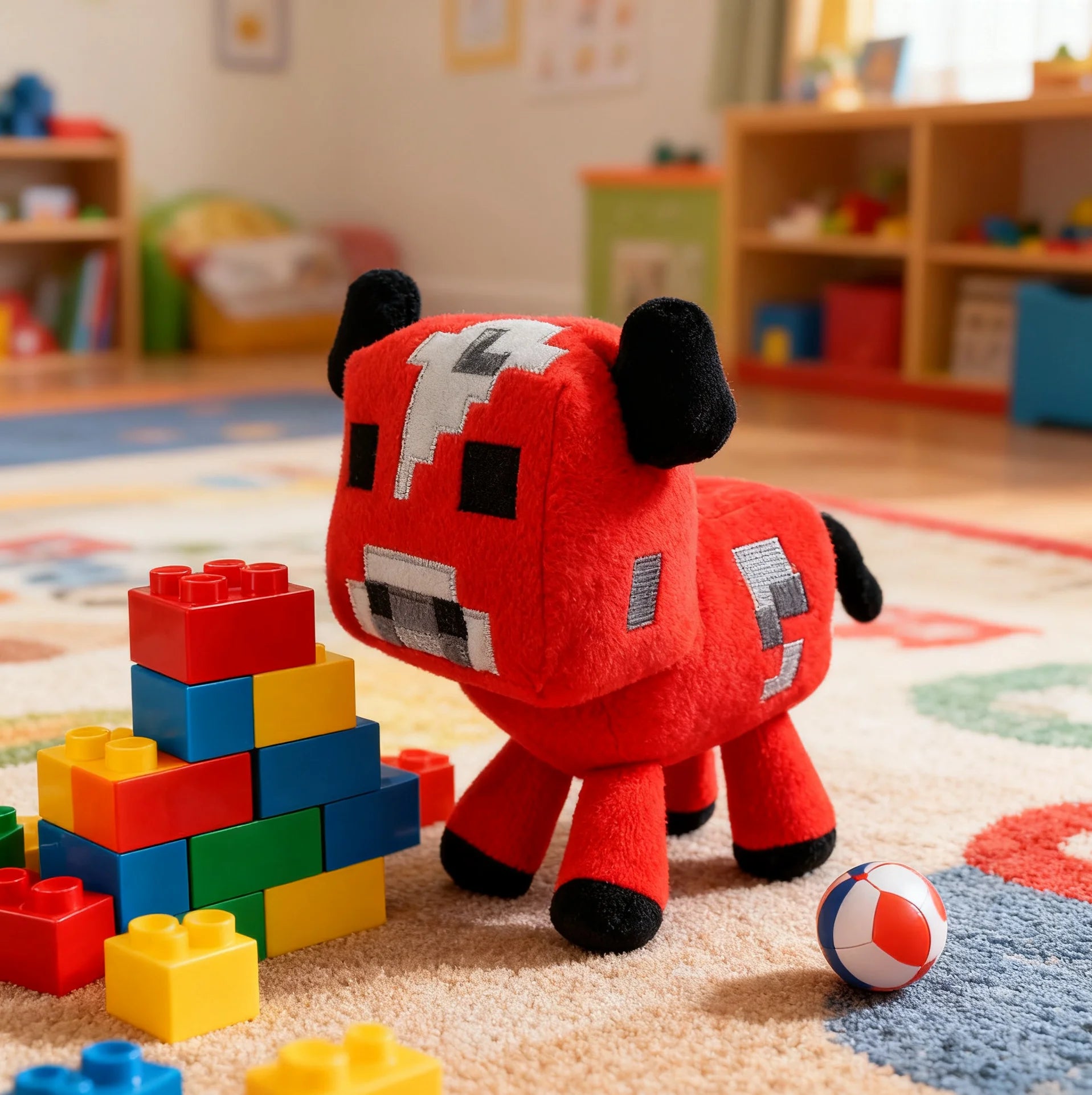 Soft red velvety stuffed cow toy close-up