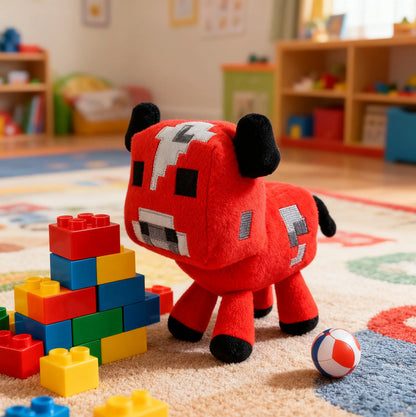 Soft red velvety stuffed cow toy close-up