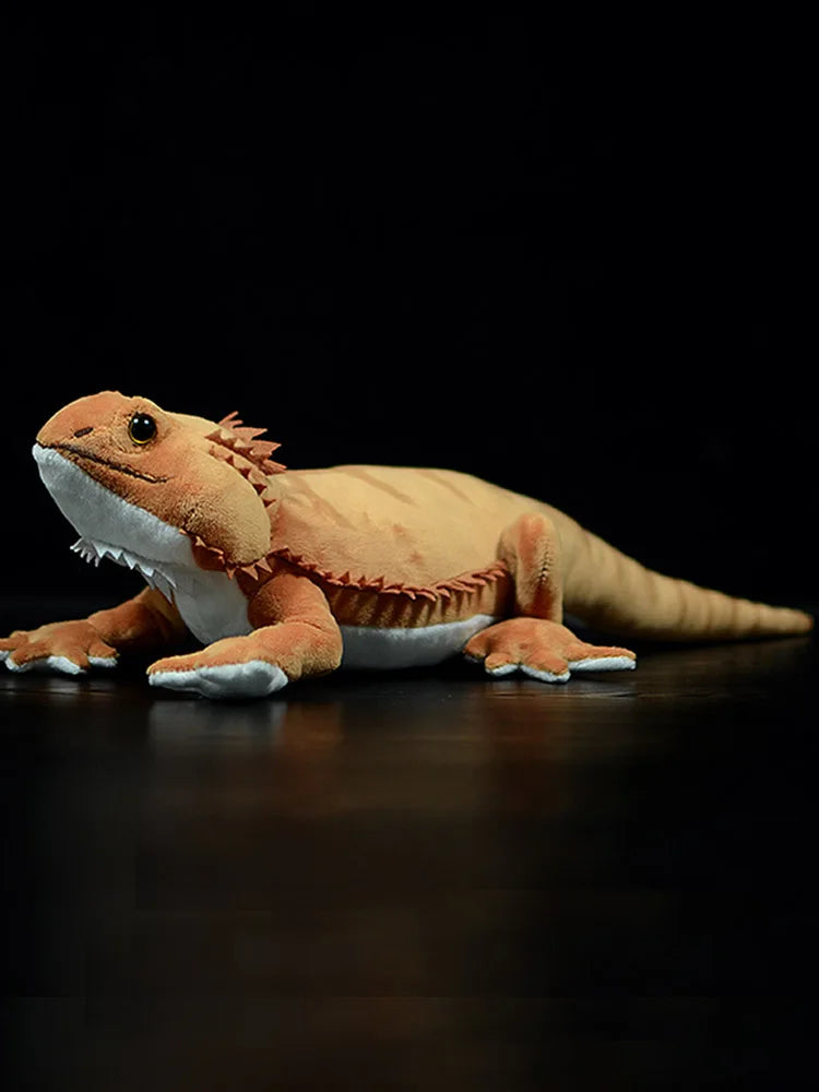 Soft reptile stuffed animal bearded dragon displayed on kids bedroom shelf with other plush collectibles