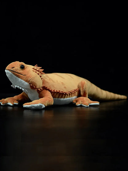 Soft reptile stuffed animal bearded dragon displayed on kids bedroom shelf with other plush collectibles