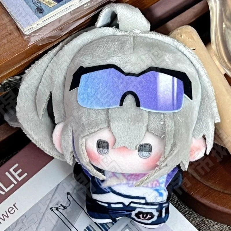 Soft silver plush wolf toy side angle view