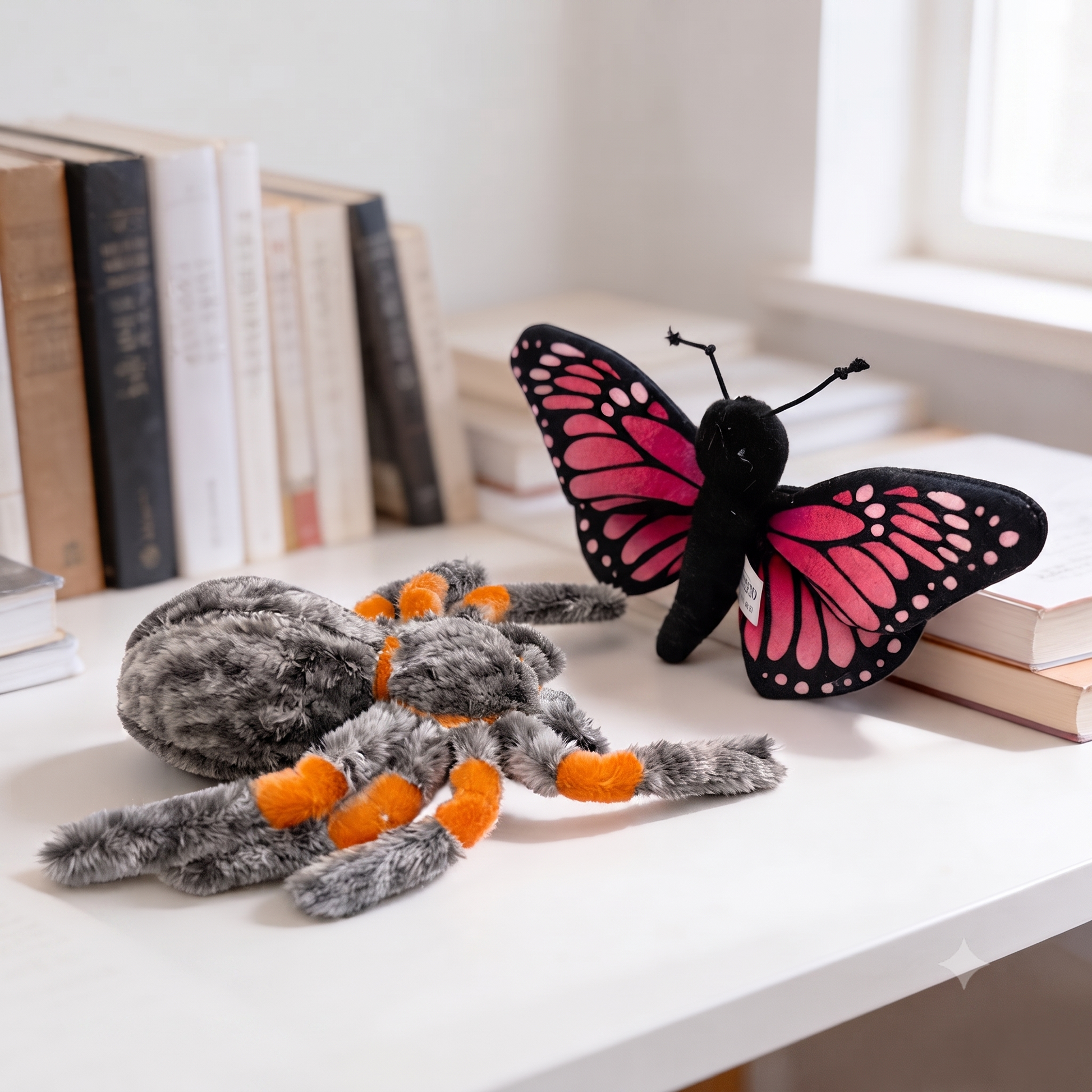 Soft spider plush toy and bee plushie displayed together showing 8cm size comparison