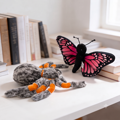 Soft spider plush toy and bee plushie displayed together showing 8cm size comparison
