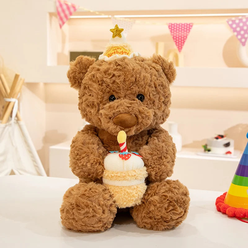 Soft stuffed animal birthday bear 40cm size display on wooden desk surface