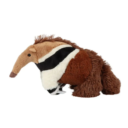 Soft stuffed anteater plush in grey-black coloration full body side view