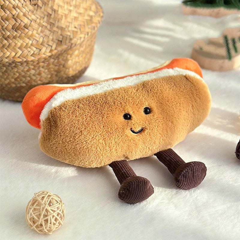 Soft stuffed food toy kawaii hot dog plush side profile clean background
