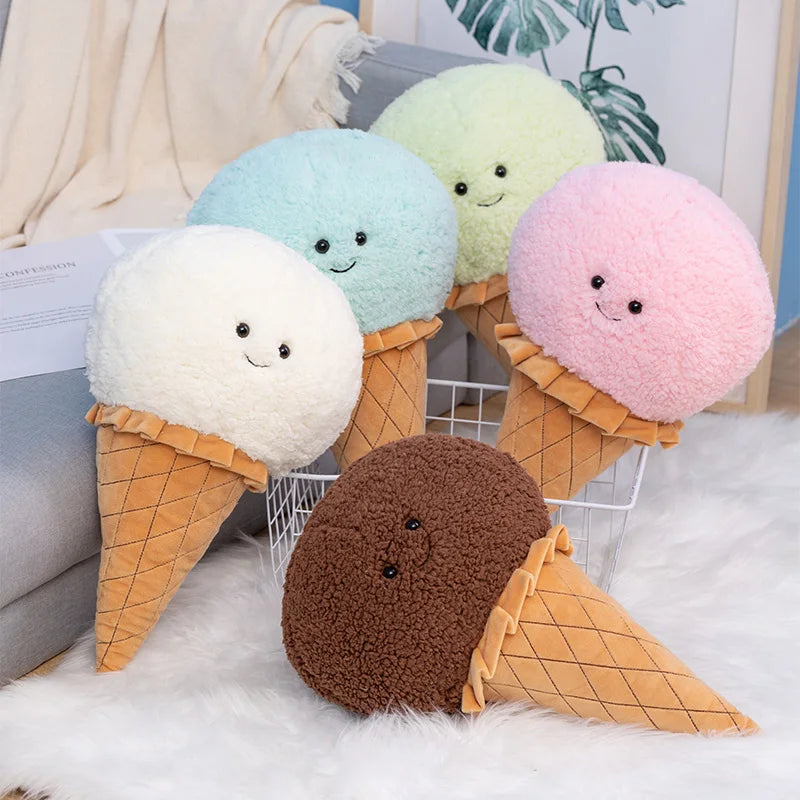 Soft stuffed ice cream cone pillow cushion on white background upright display