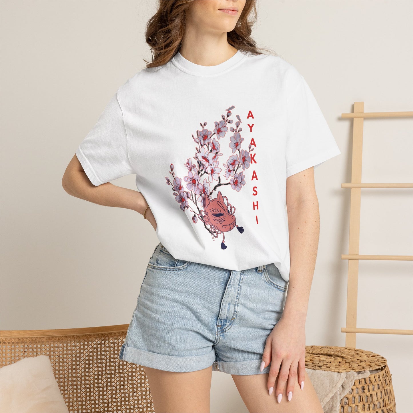 Softly washed cotton shirt with Japanese folklore print and cherry blossom sweep