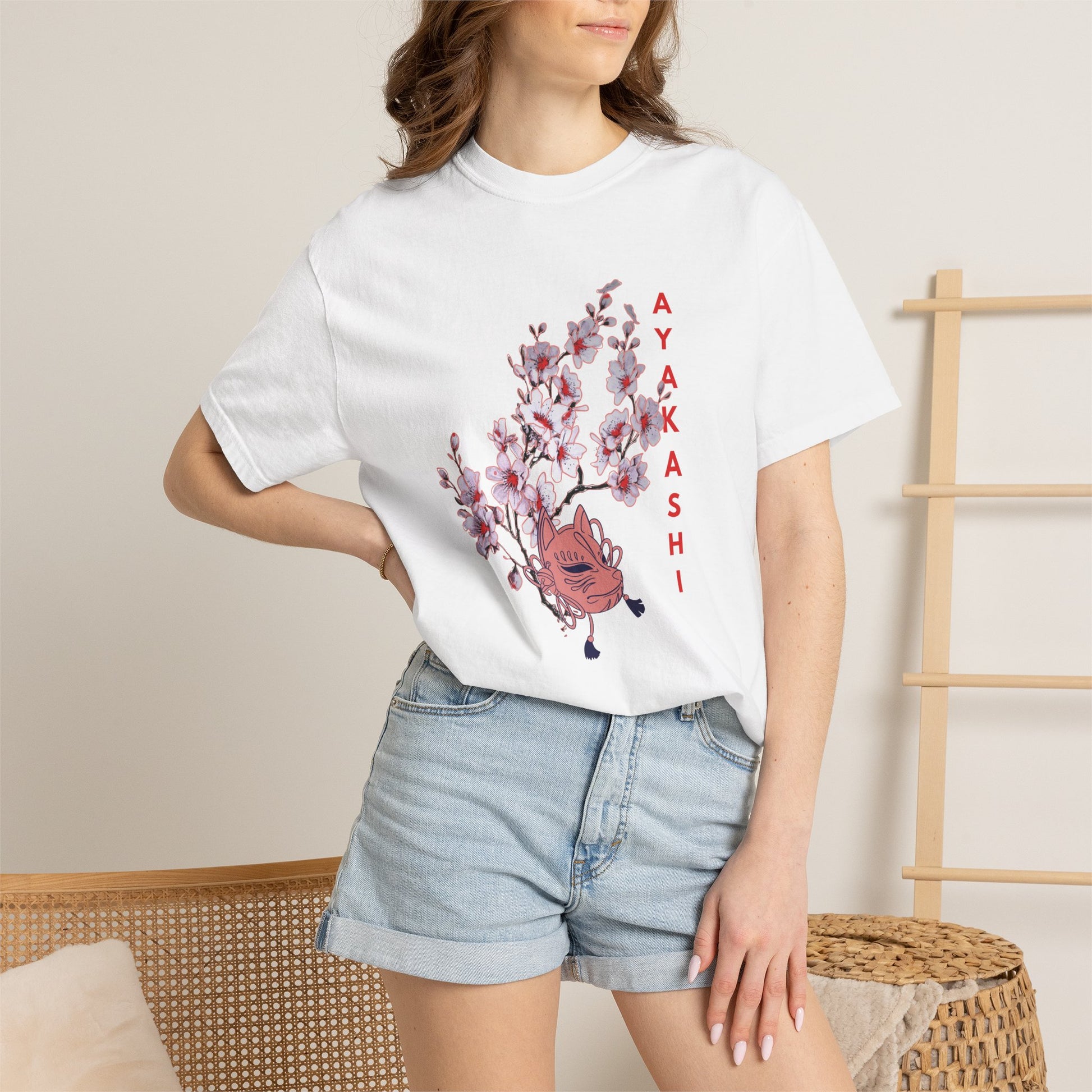 Softly washed cotton shirt with Japanese folklore print and cherry blossom sweep