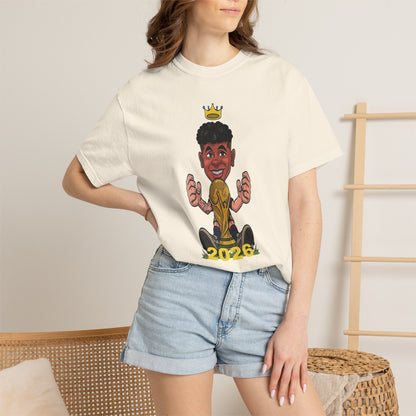 Spain World Cup fan shirt 2026 - bold caricature on garment-dyed cotton
