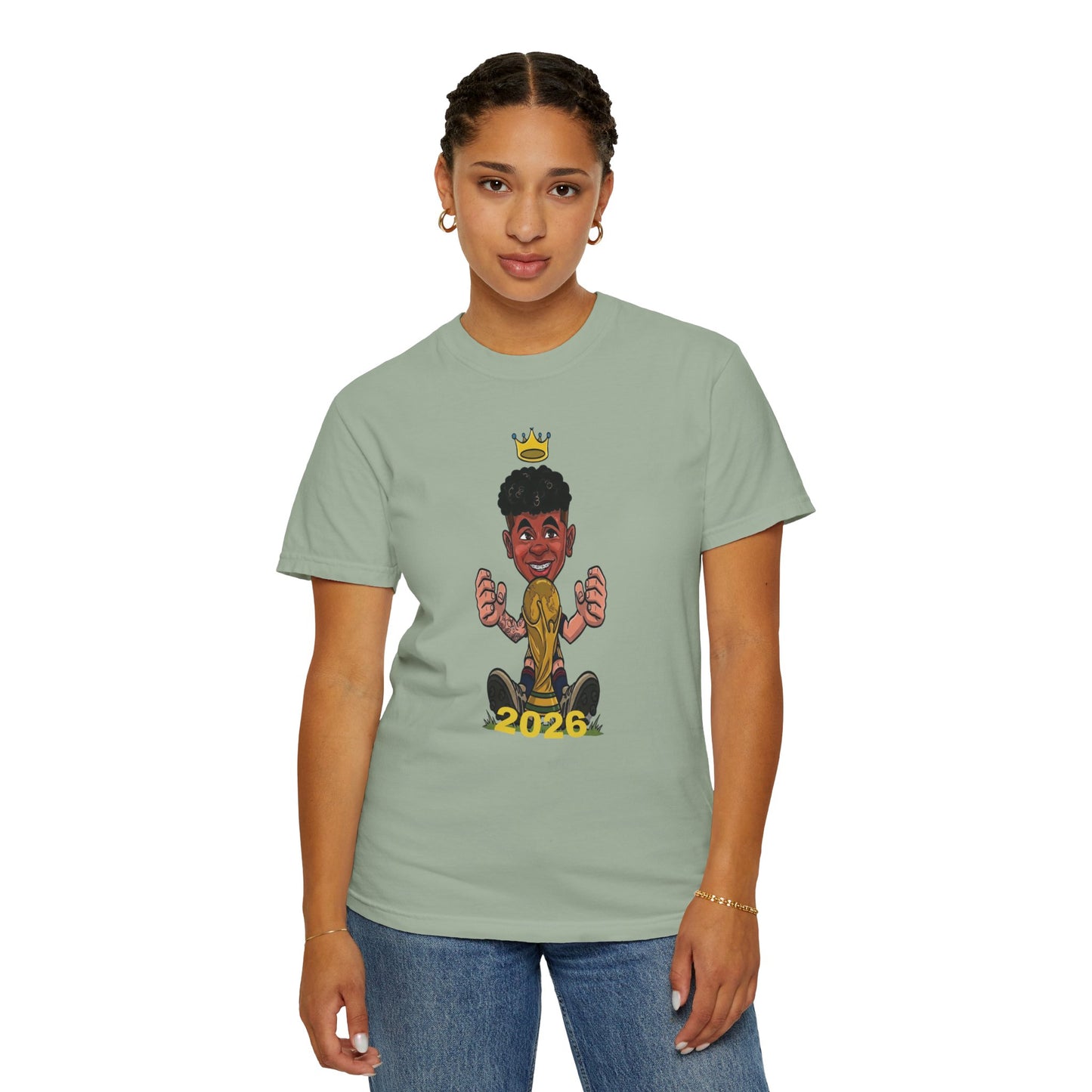 Spain football printed tee with gold trophy cartoon art on pigment-dyed fabric
