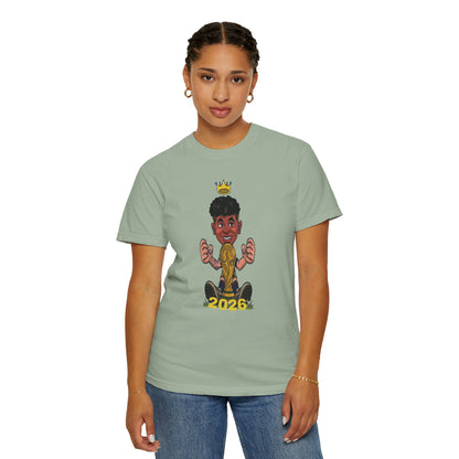 Spain football printed tee with gold trophy cartoon art on pigment-dyed fabric

