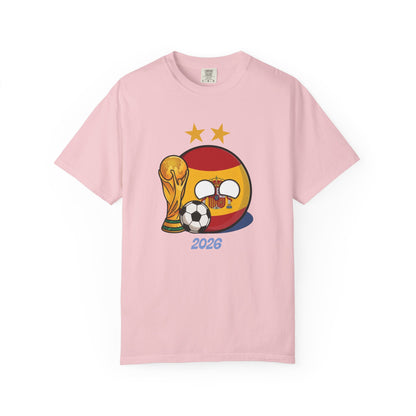 Spain soccer tee with royal crest two stars and year 2026
