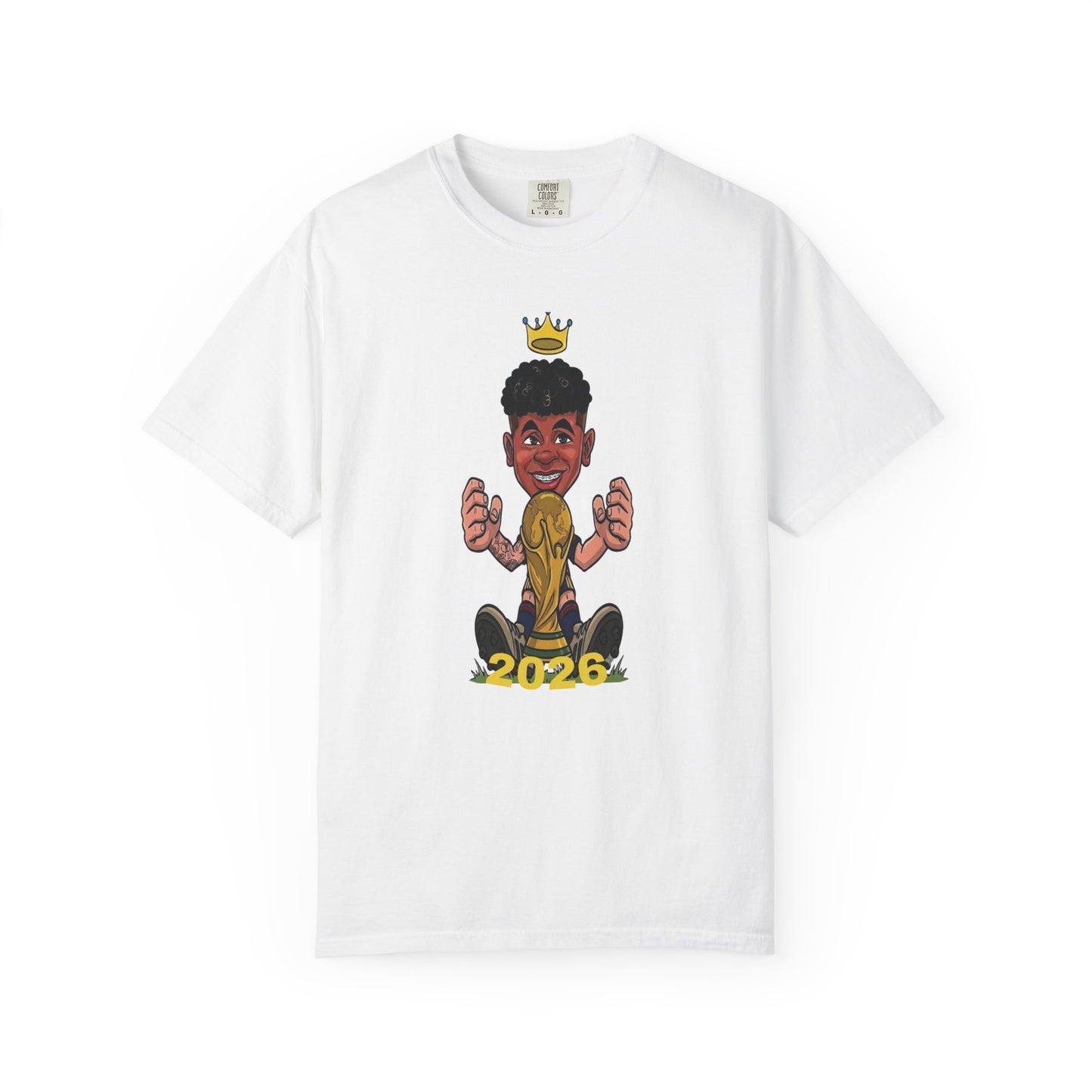 Spain world cup printed unisex tee with football prodigy caricature and golden trophy
