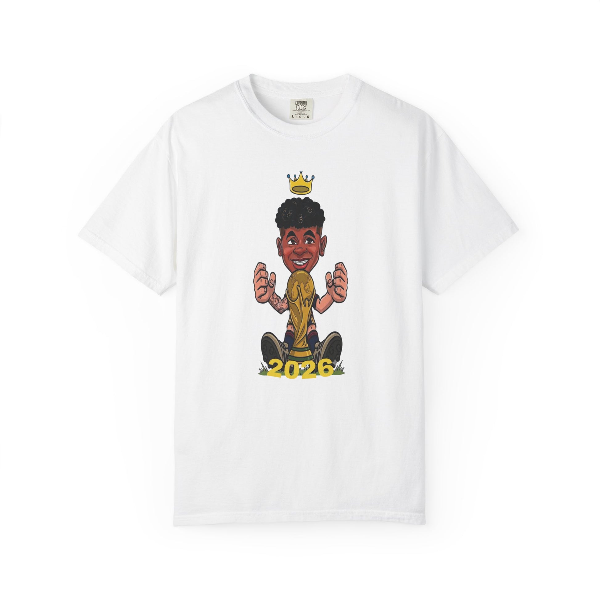 Spain world cup printed unisex tee with football prodigy caricature and golden trophy
