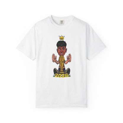 Spain world cup printed unisex tee with football prodigy caricature and golden trophy
