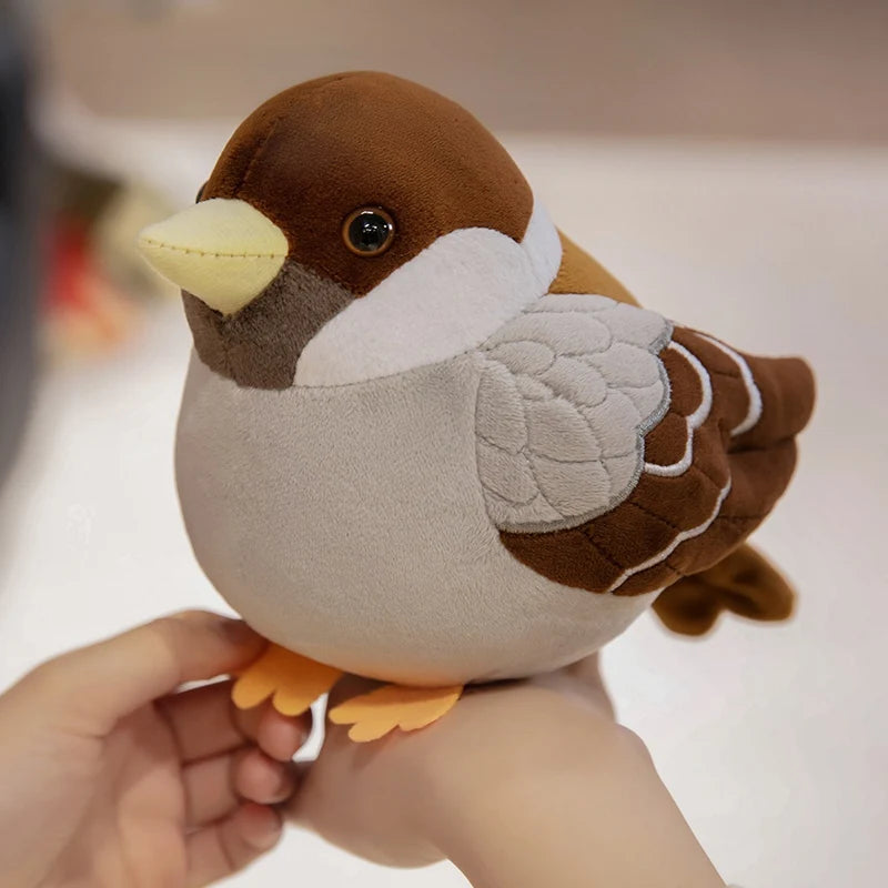 Sparrow plushie 15cm small size placed on wooden desk as decor