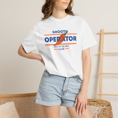 Speed and humor combine on this Smooth Operator tee with a chili pepper racing design
