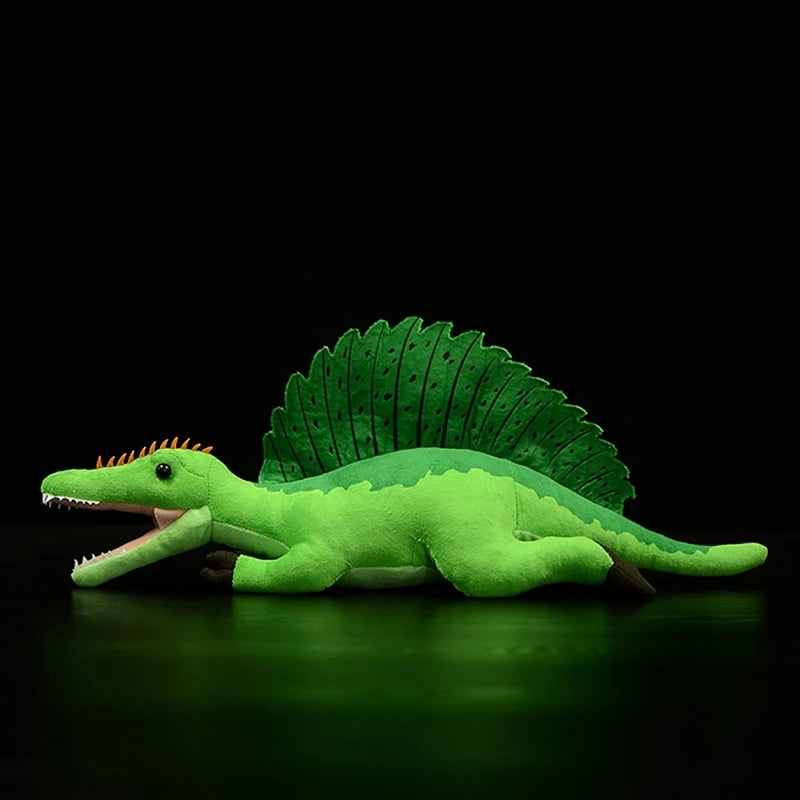 Spinosaurus stuffed animal realistic plush displayed on shelf as collectible dinosaur figure