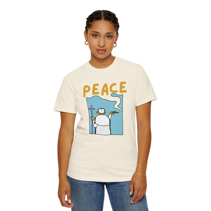 Spiritual aesthetic fashion tee hanging on wooden hanger against white wall