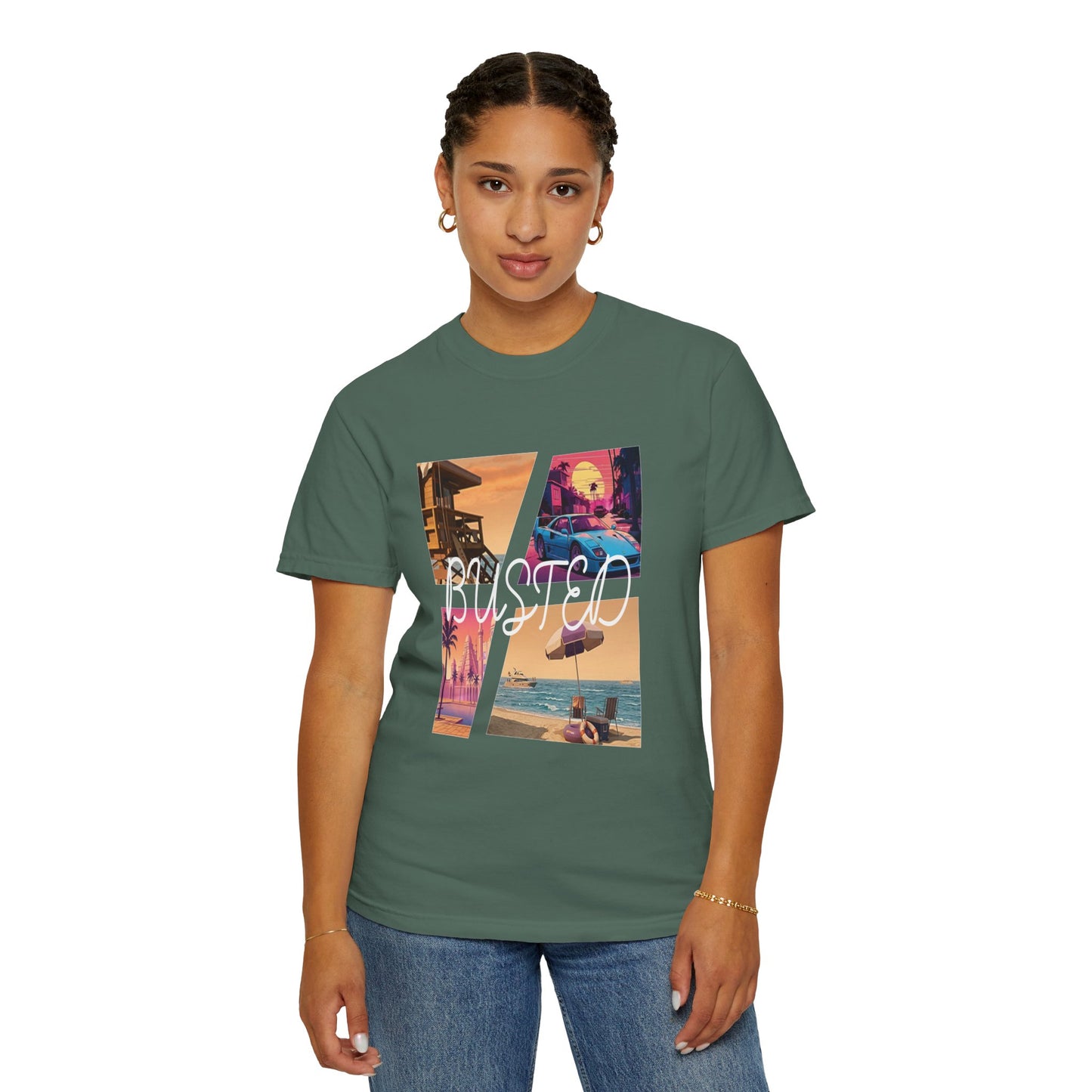 Split panel neon beach collage tee on 6.1 oz garment dyed cotton