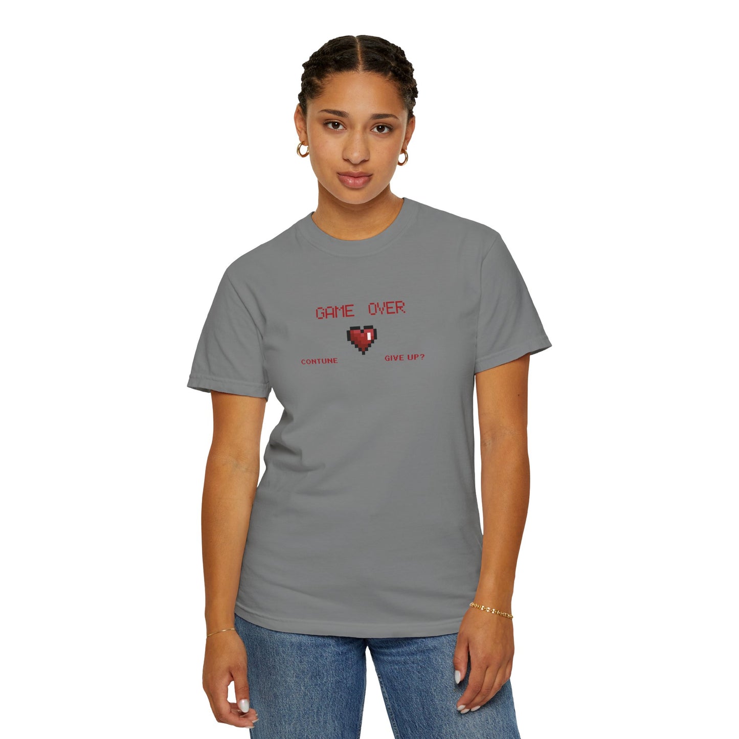 Stack of pixel heart tees in multiple colorways showing available size range S through 3XL

