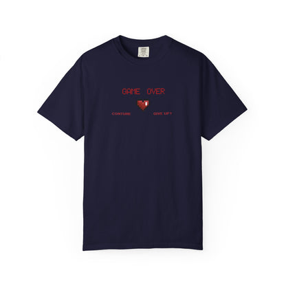 Stack of pixel heart tees in multiple garment dyed colorways with size range S through 3XL
