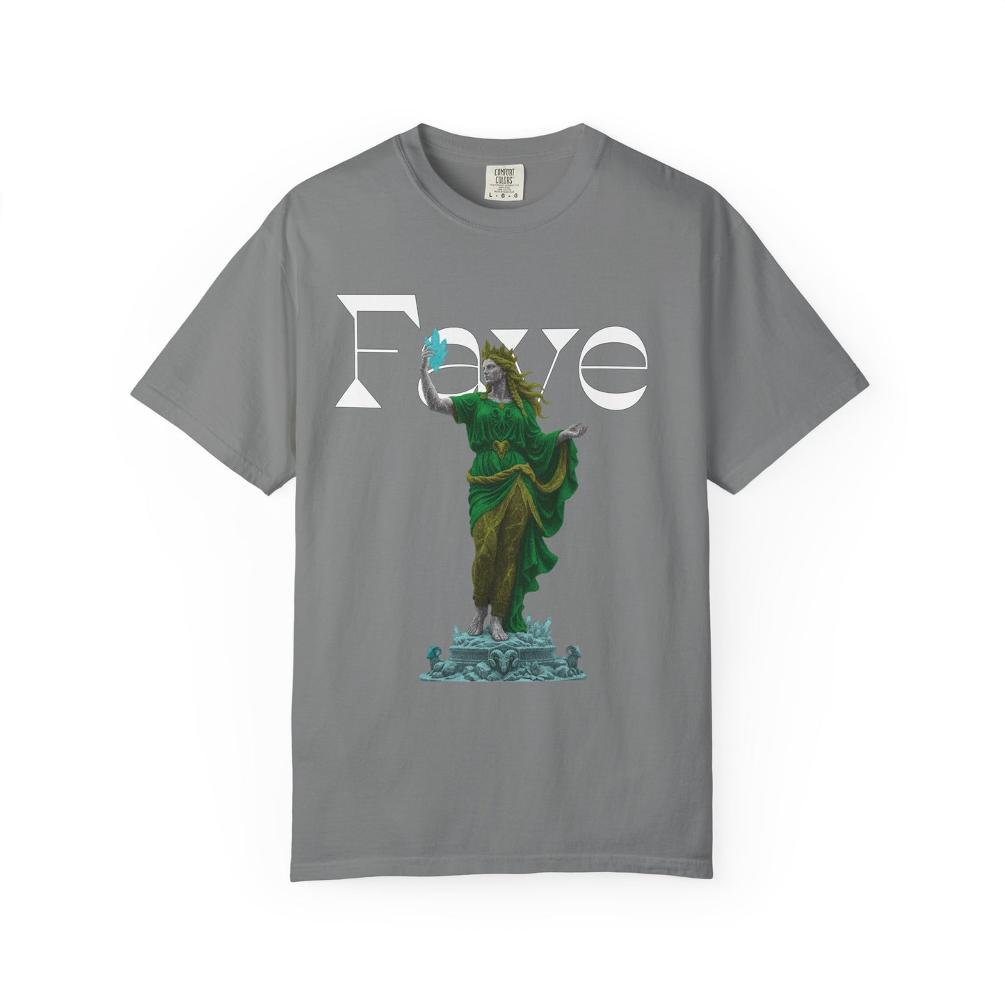 Statue goddess shirt featuring marble figure raising a glowing crystal
