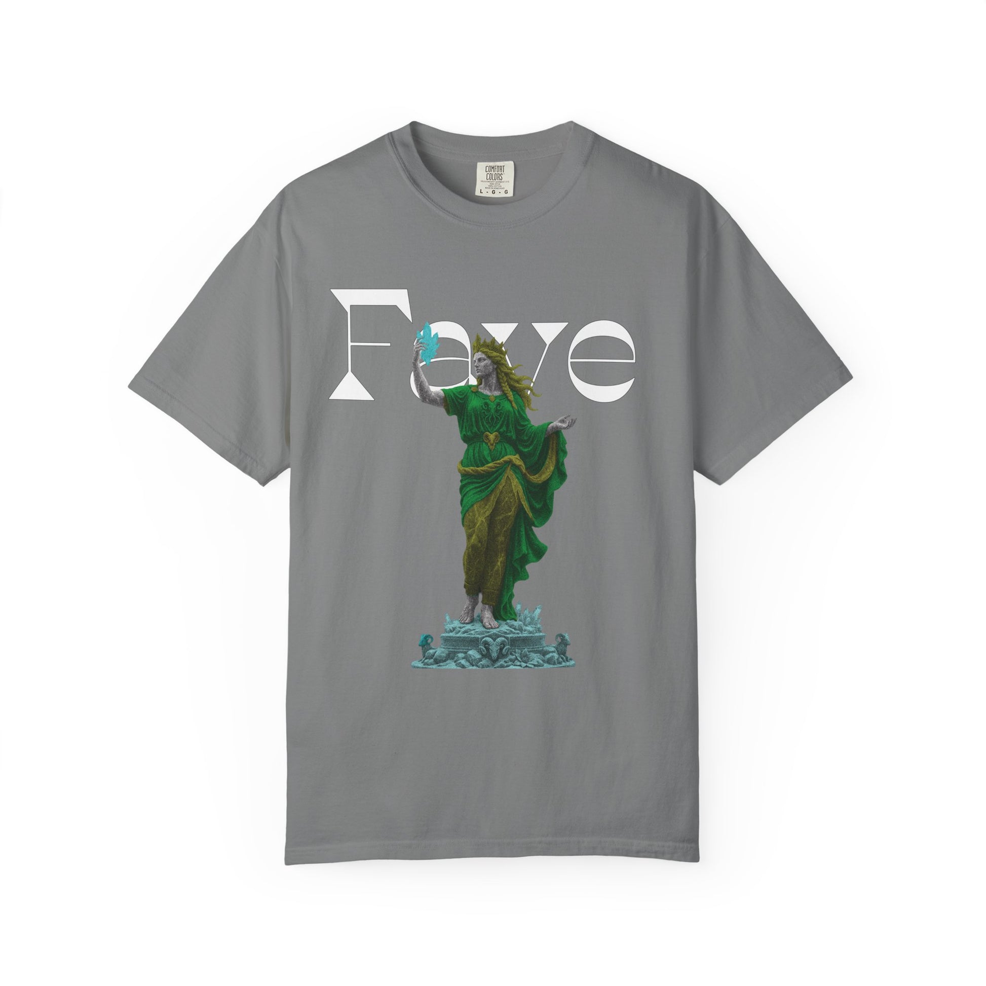 Statue goddess shirt featuring marble figure raising a glowing crystal
