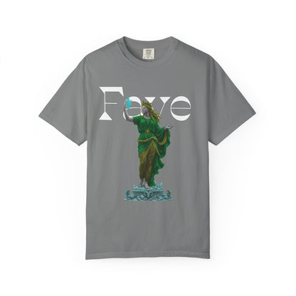 Statue goddess shirt featuring marble figure raising a glowing crystal
