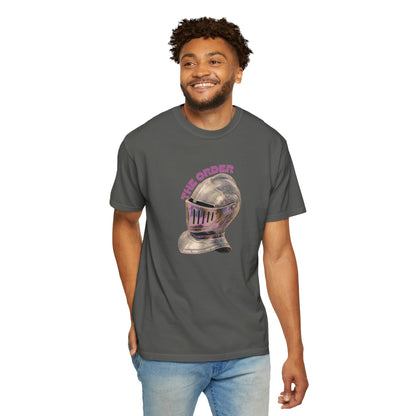 Steampunk Victorian knight unisex tee hanging on wooden hanger lifestyle photo

