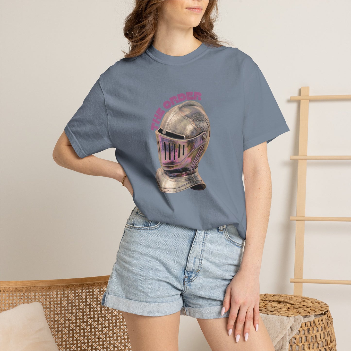 Steampunk knight graphic shirt in washed blue colorway flat lay product photo

