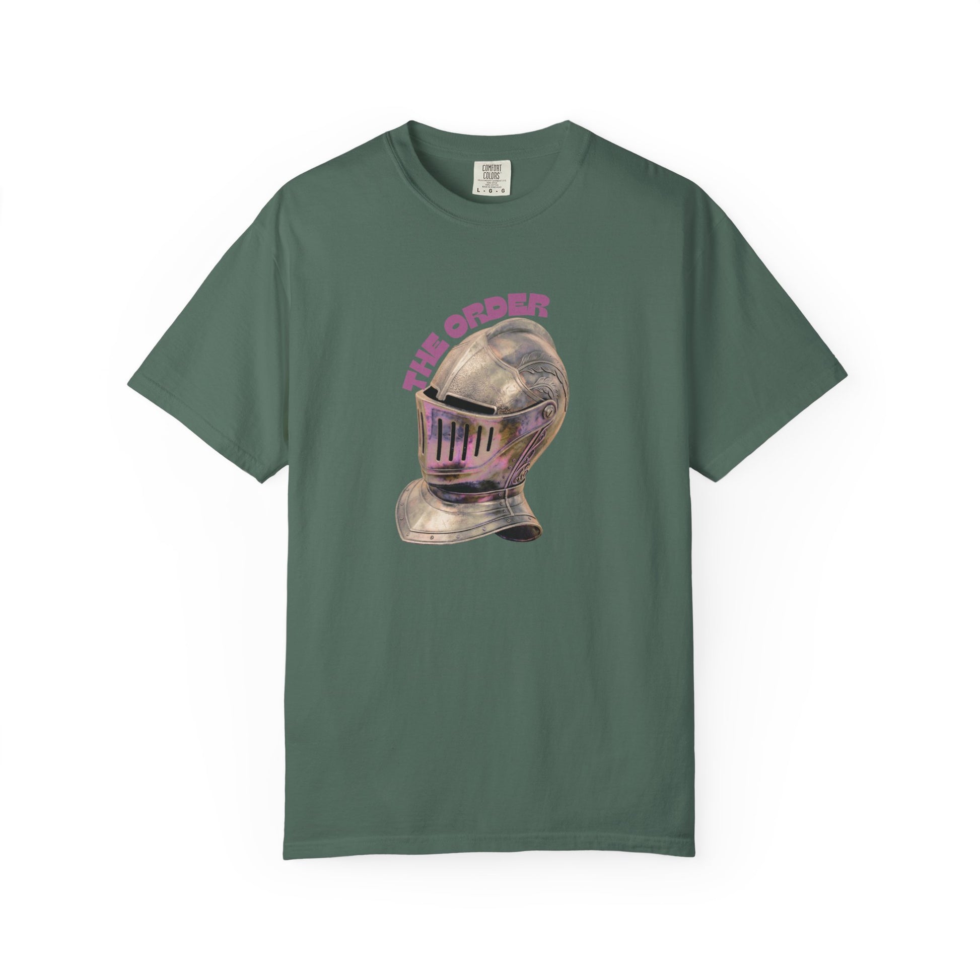 Steampunk knight shirt with illustrated helm graphic on faded pigment-dyed tee
