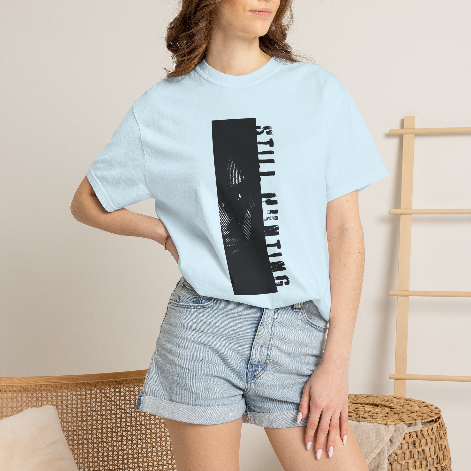 Still hunting graphic art print quality zoomed on heavyweight cotton fabric surface
