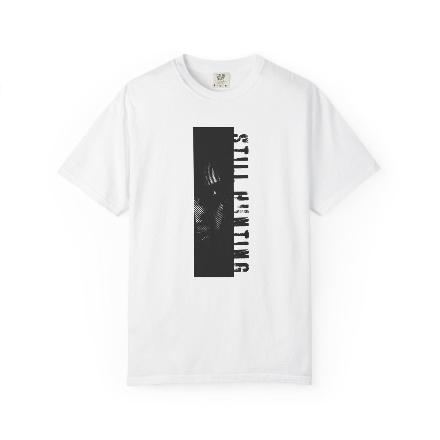 Still hunting tees shadow investigator woodcut graphic art front view white background
