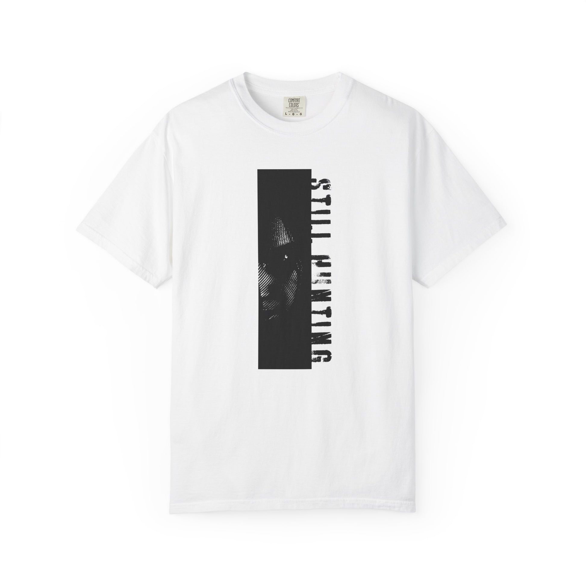 Still hunting tees shadow investigator woodcut graphic art front view white background
