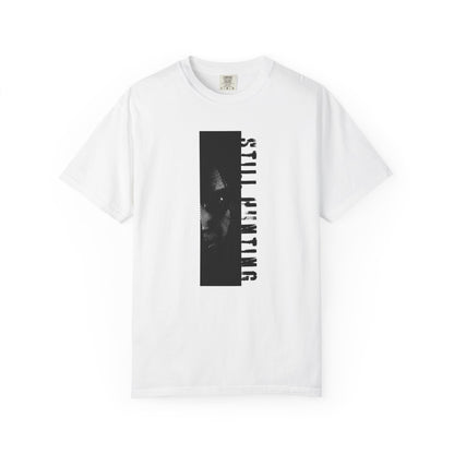 Still hunting tees shadow investigator woodcut graphic art front view white background
