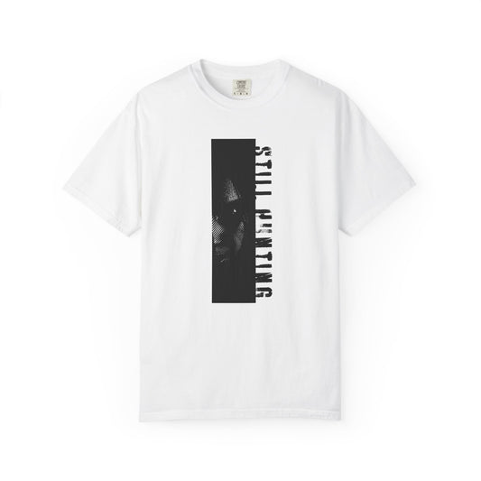 Still hunting tees shadow investigator woodcut graphic art front view white background
