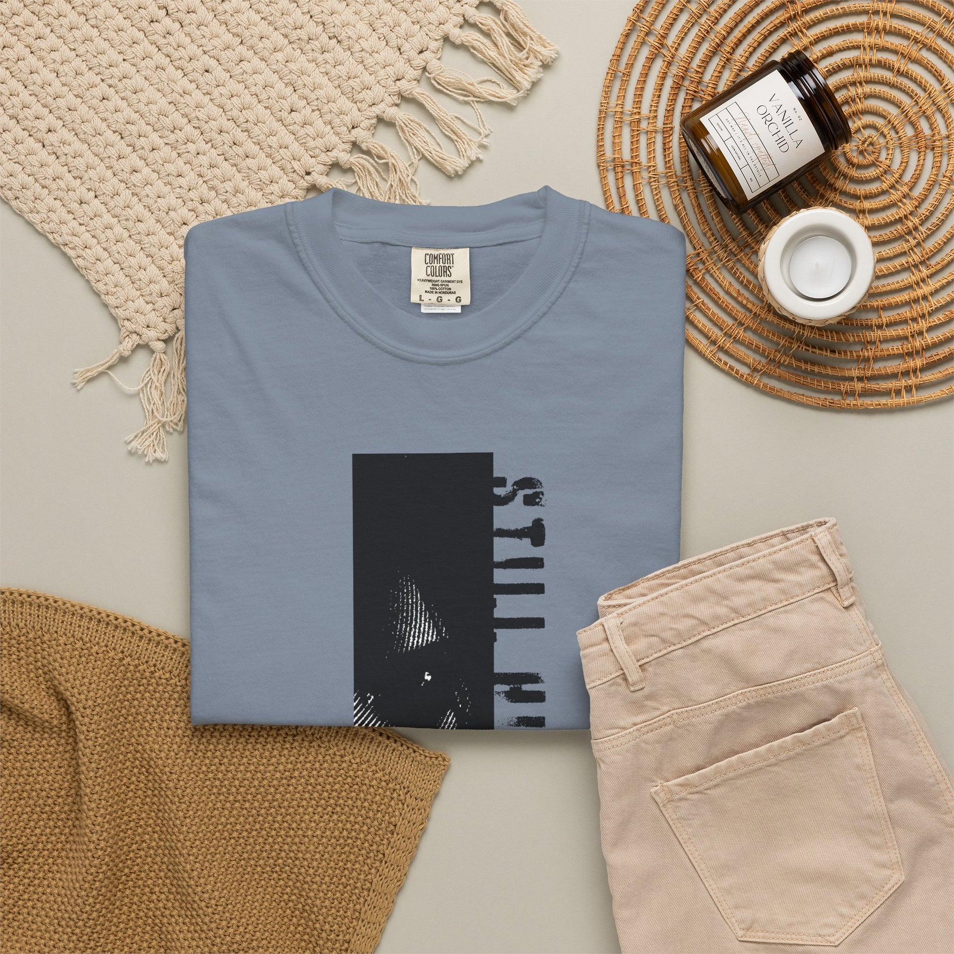 Still hunting unisex tees size range display S to 3XL folded product lineup
