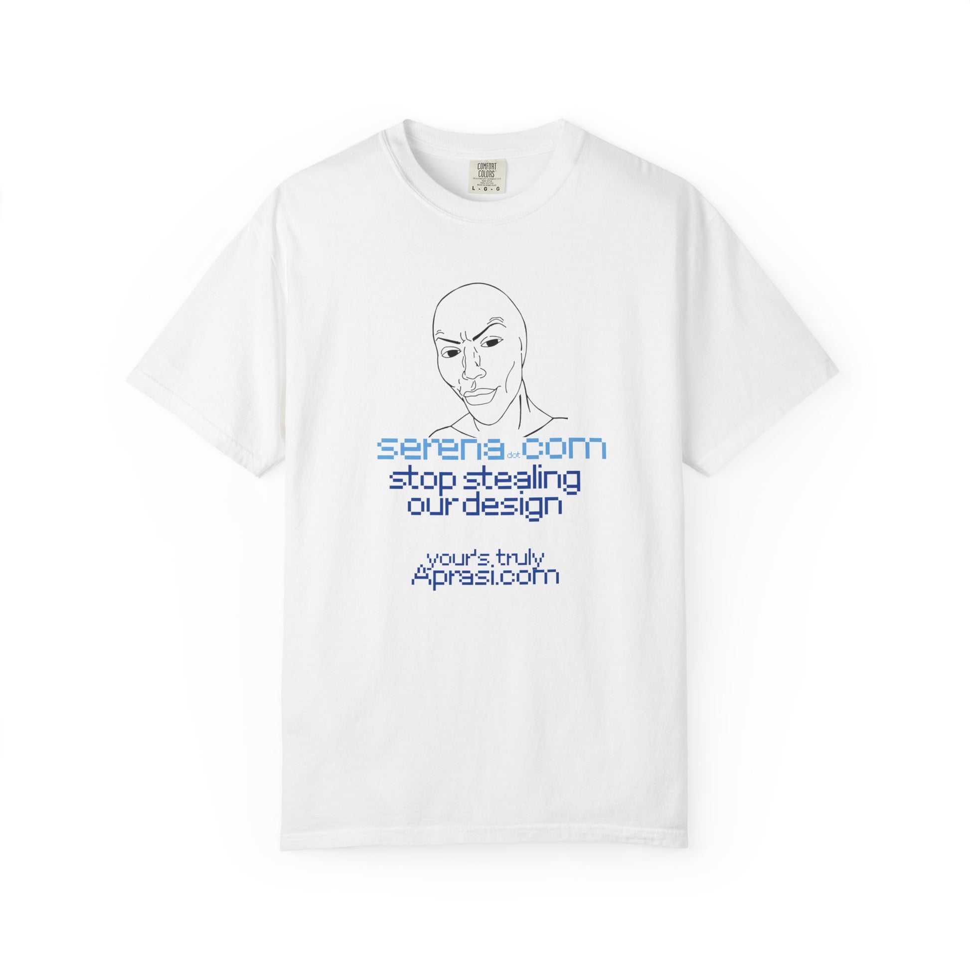 Stop stealing our design graphic tee flat lay white background minimalist line face

