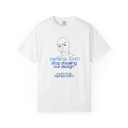Stop stealing our design graphic tee flat lay white background minimalist line face

